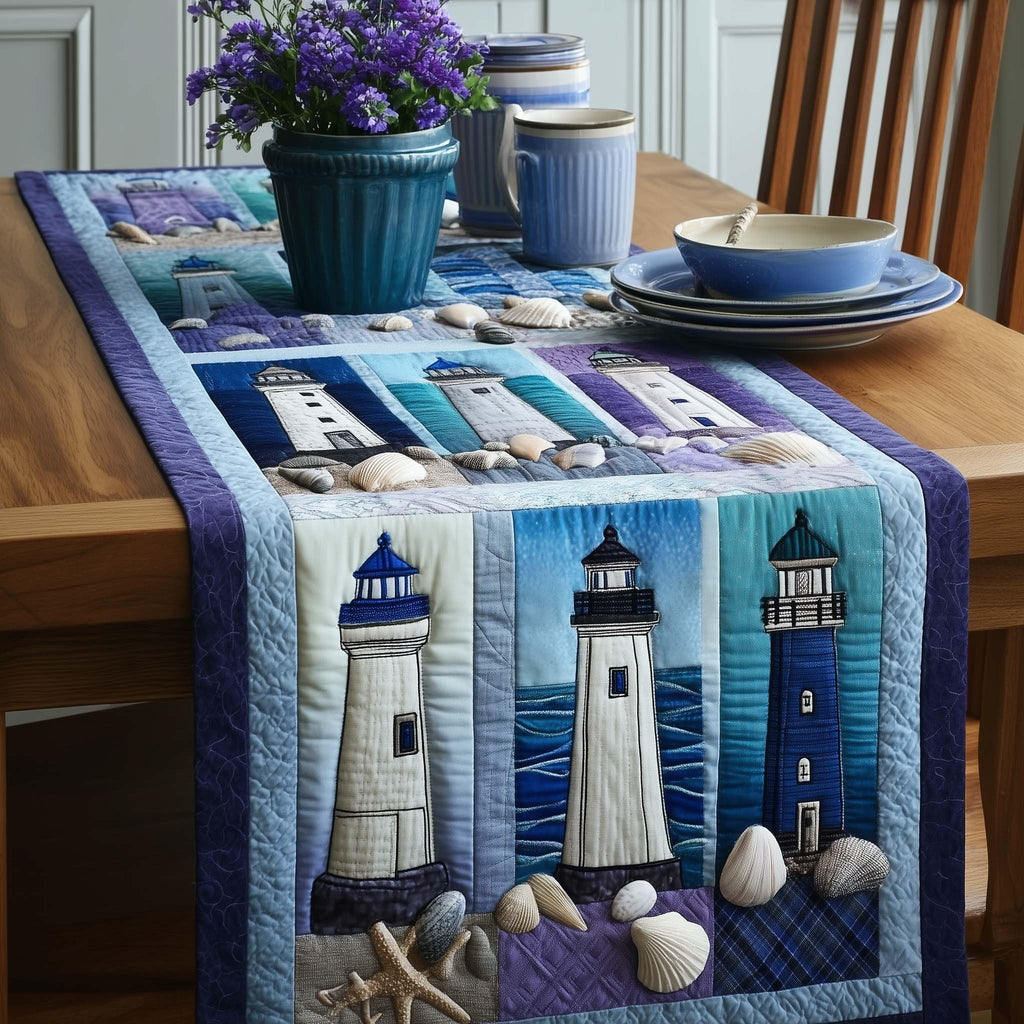 Lighthouses on Blue Striped Panels Table Runner