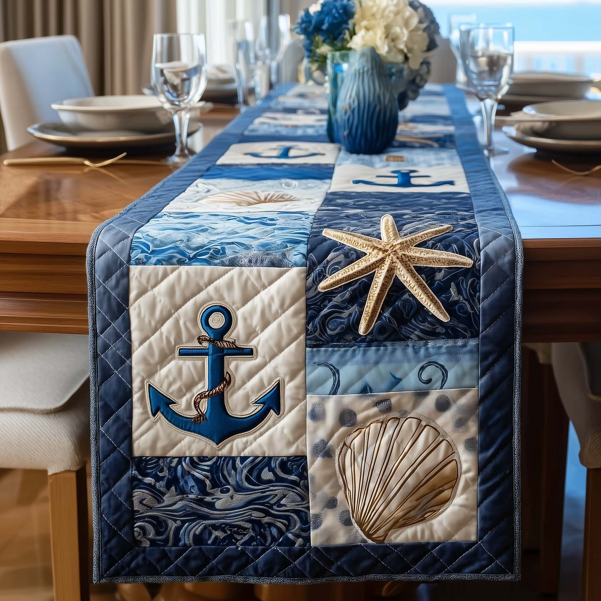 Anchors and Starfish in Blue Blocks Table Runner