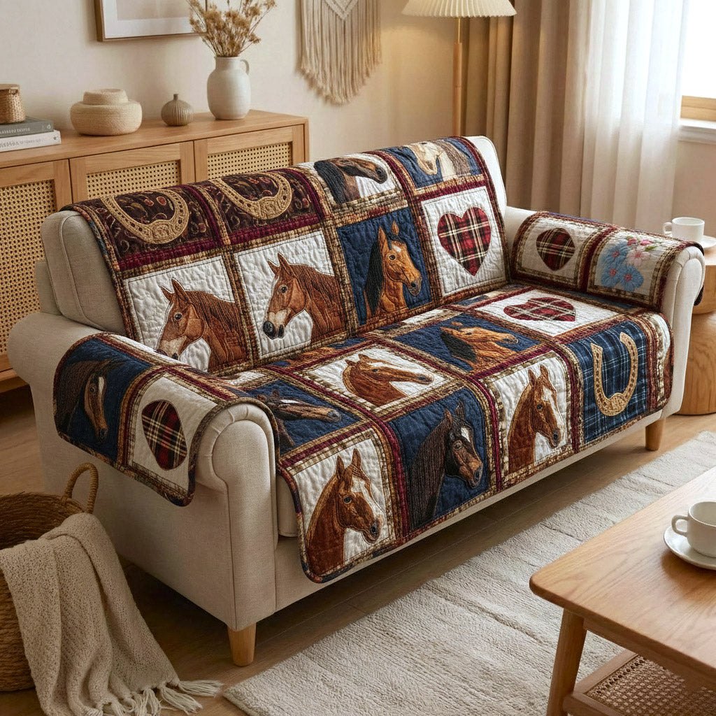 Horses on Red and Blue Patchwork Sofa Cover