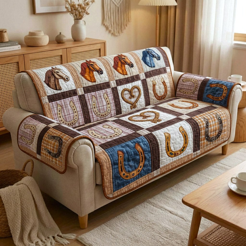 Horseshoes on Cream and Brown Squares Sofa Cover