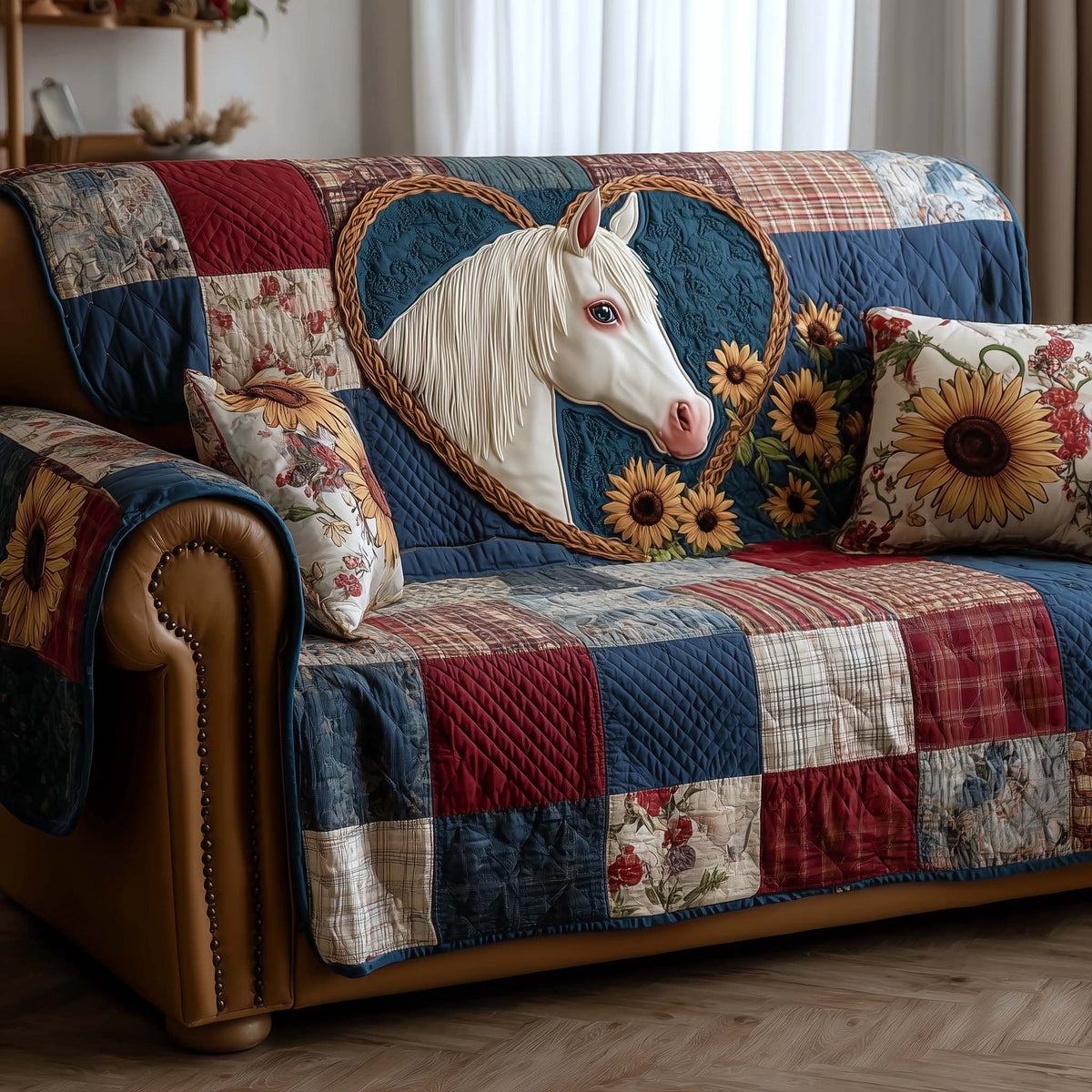 White Horse with Sunflowers on Plaid Sofa Cover