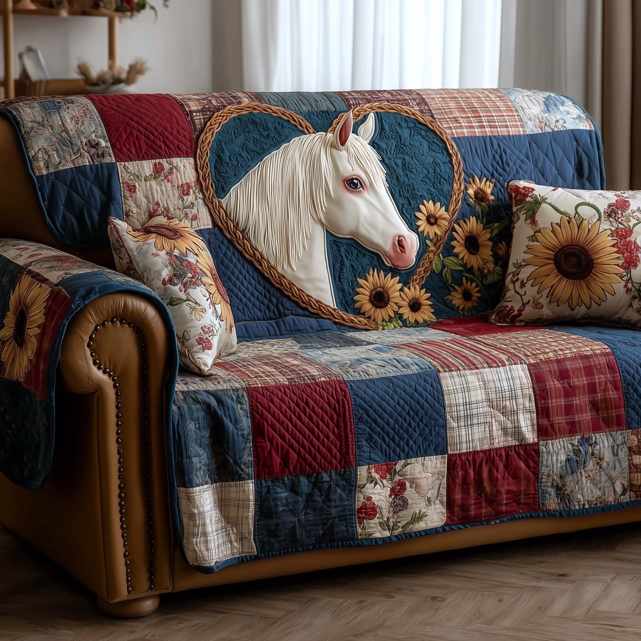 White Horse with Sunflowers on Plaid Sofa Cover