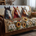Horses Above Daisies and Sunflowers Sofa Cover