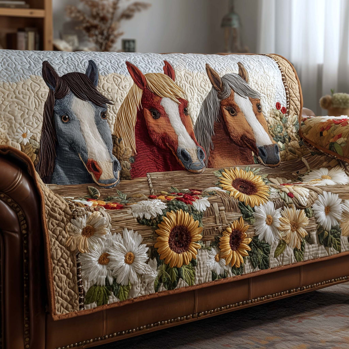 Horses Above Daisies and Sunflowers Sofa Cover