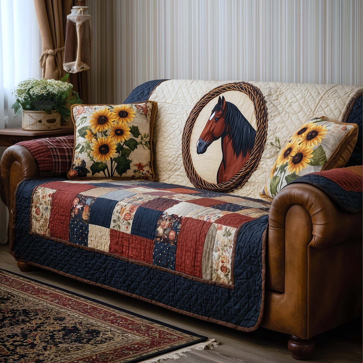 Horse Portrait on Red and Navy Patchwork Sofa Cover