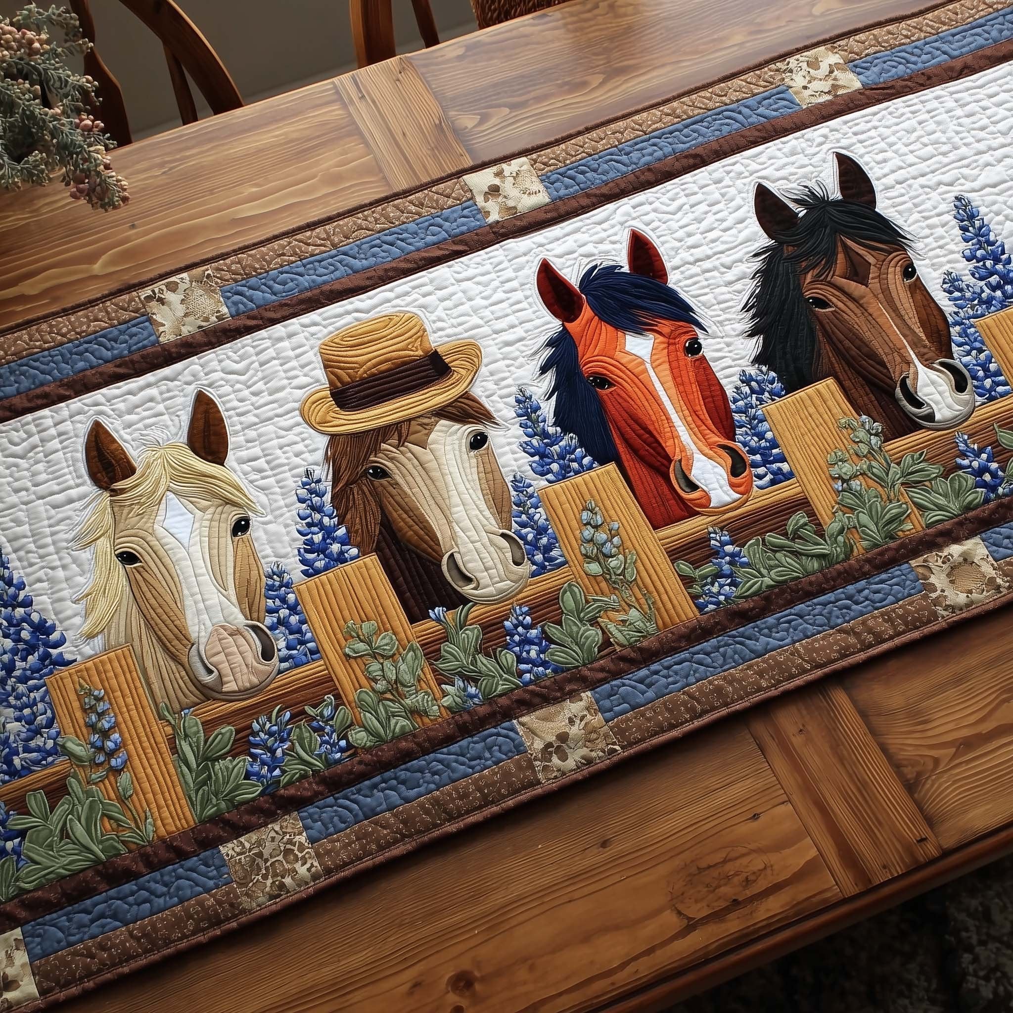 Horses in Straw Hats with Sunflowers Table Runner