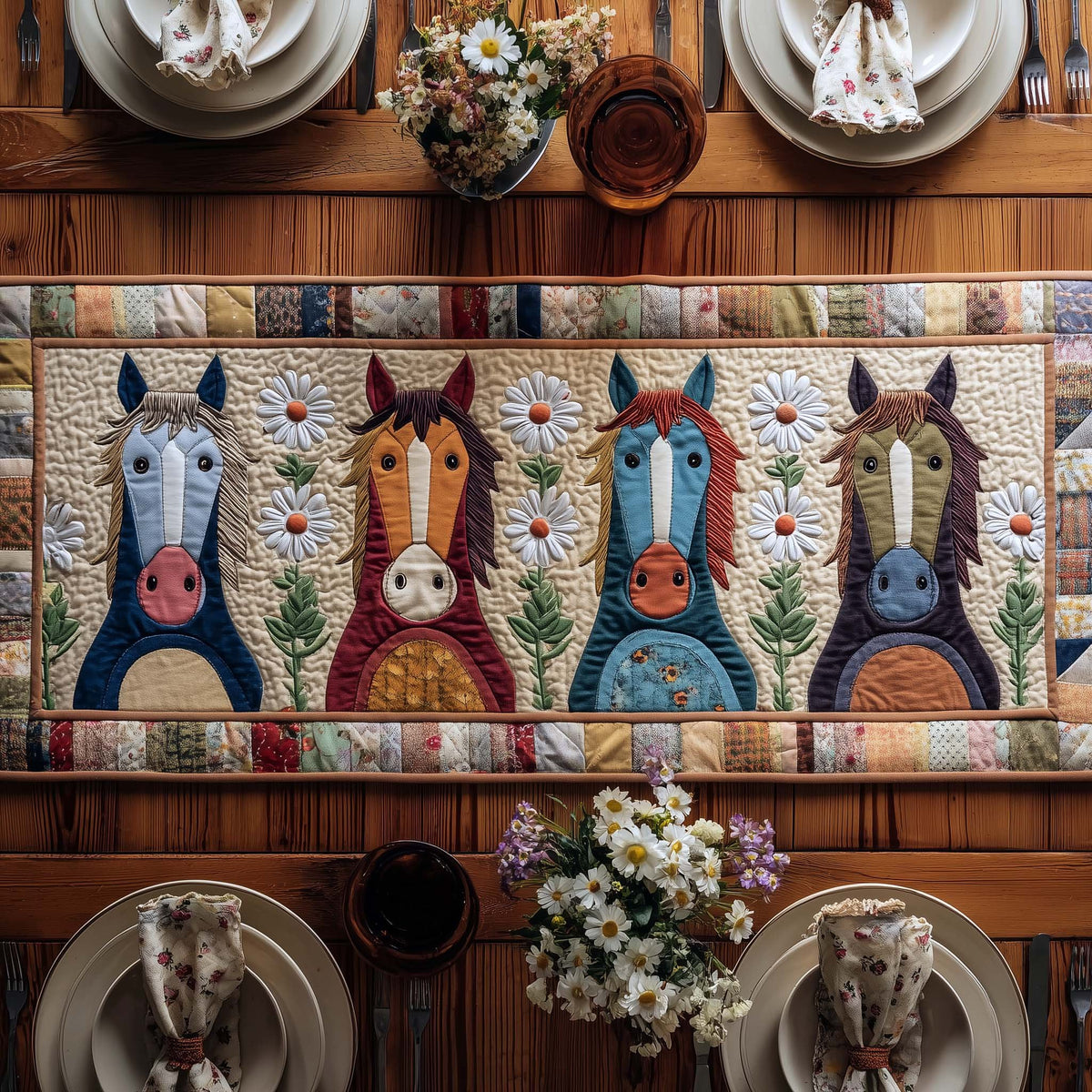 Row of Horse Heads with Flowers Table Runner