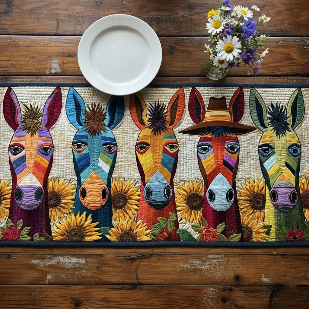 Bright Donkeys Among Sunflowers Table Runner