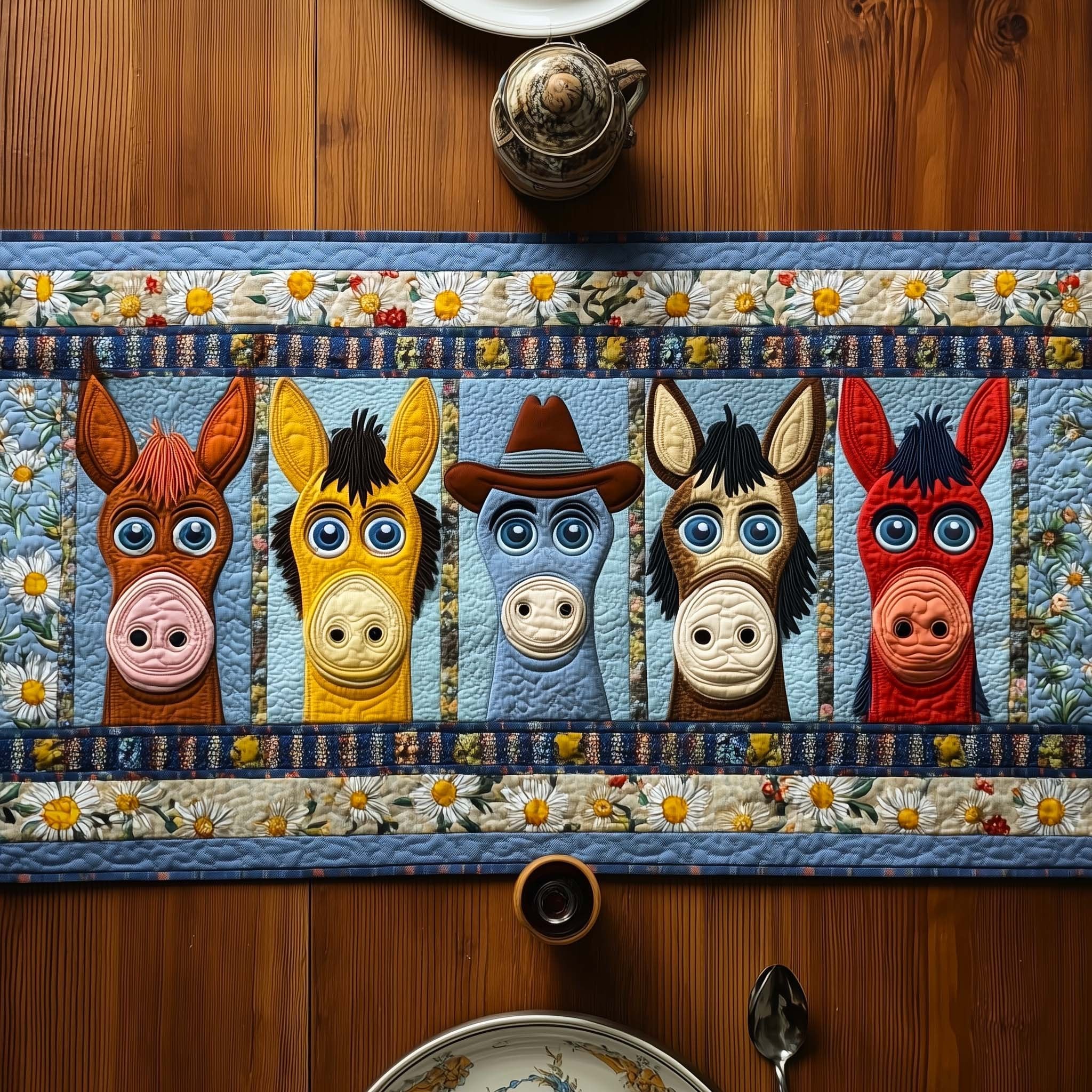 Rainbow Donkey Heads on Blue Table Runner