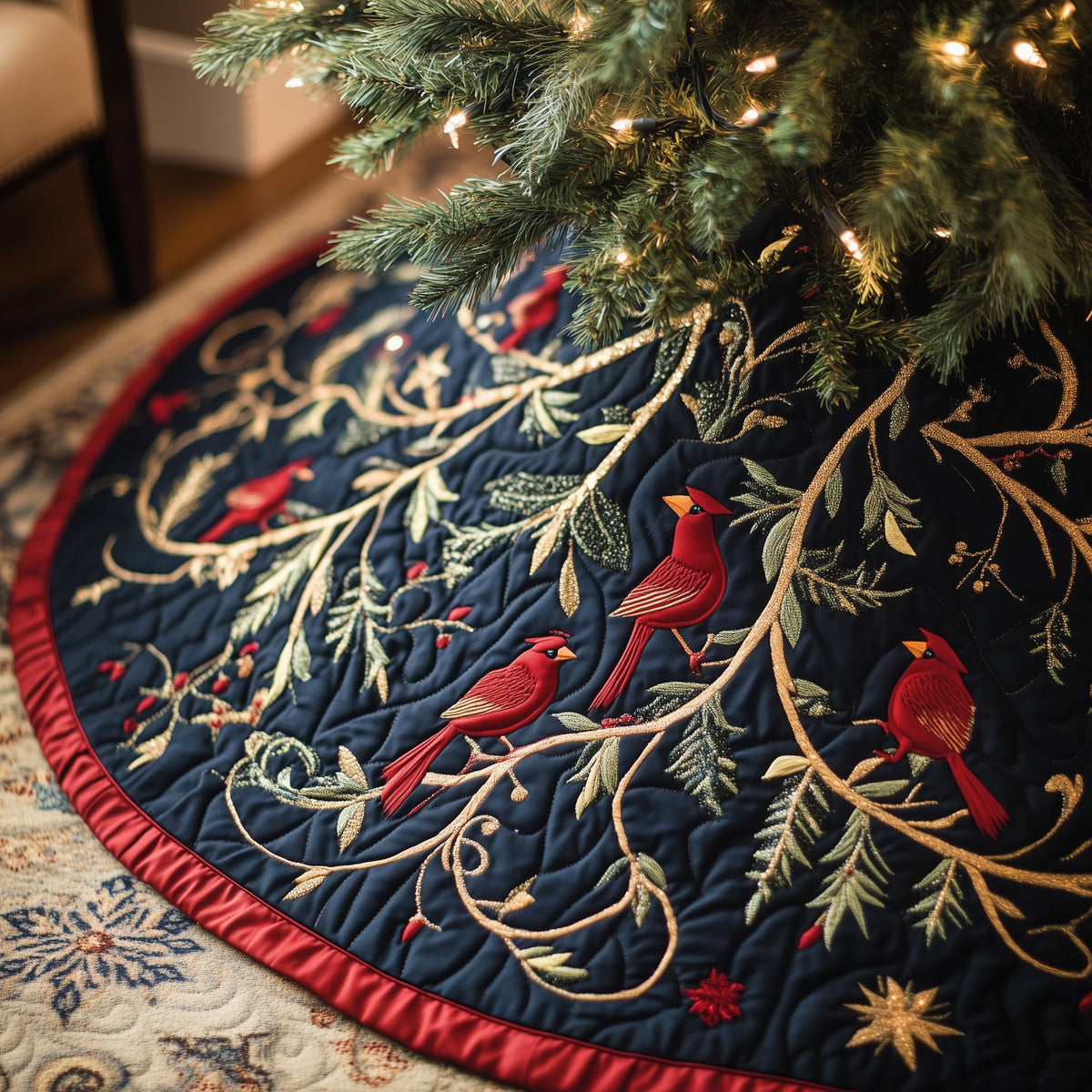Cardinals on the Golden Branches Christmas Tree Skirt