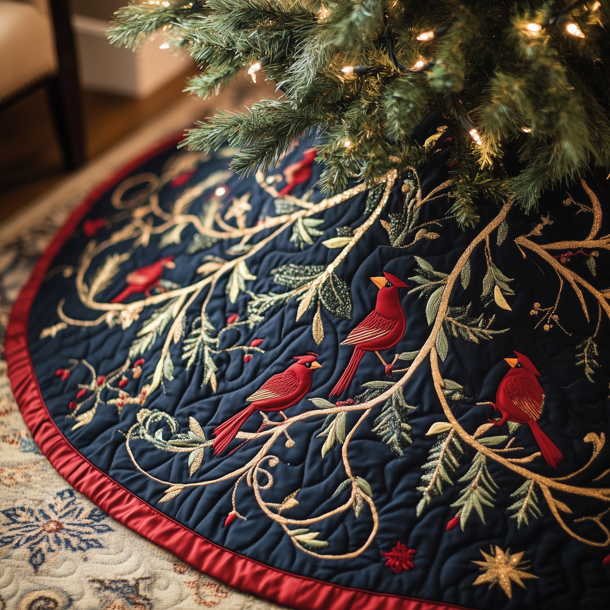 Cardinals on the Golden Branches Christmas Tree Skirt