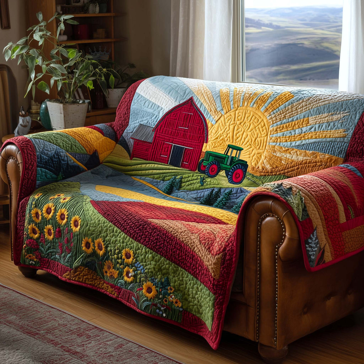 Red Barn and Tractor at Sunrise Sofa Cover