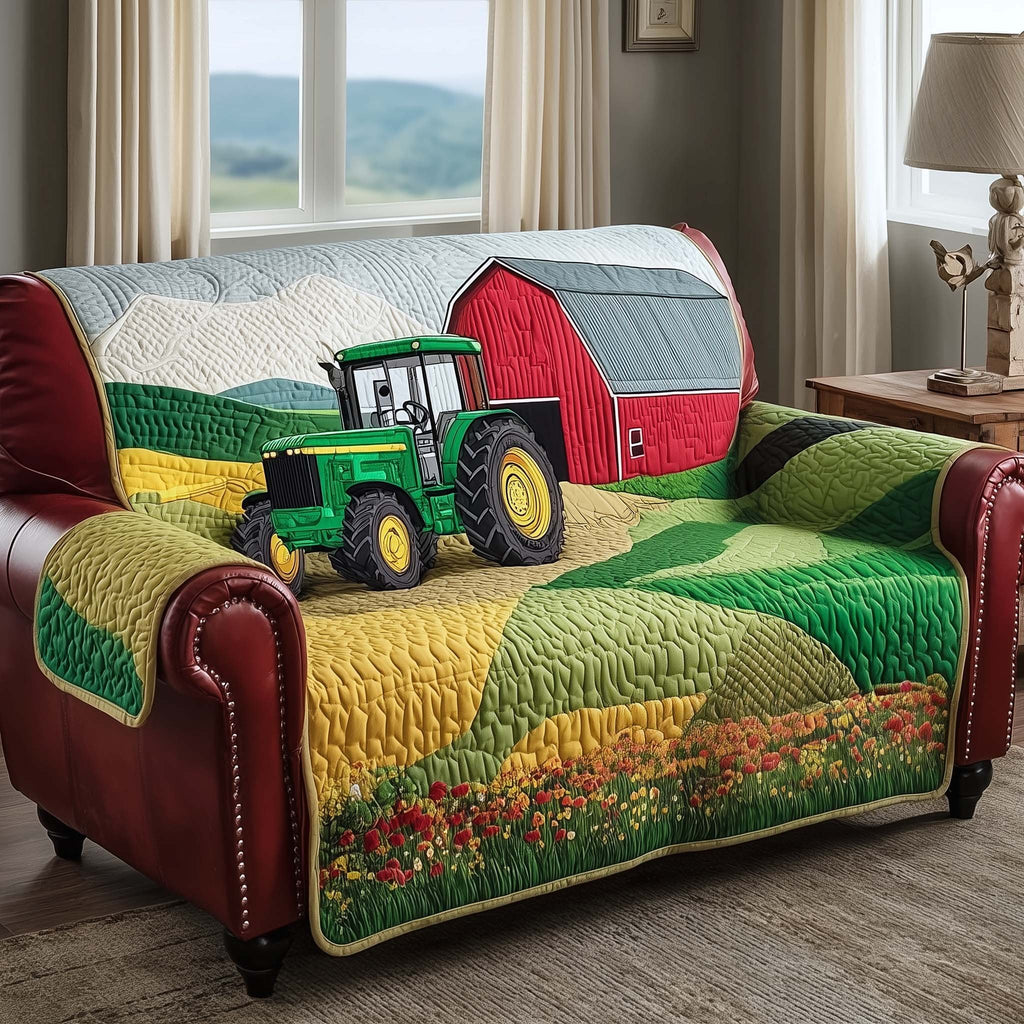 Green Tractor Beside the Red Barn Sofa Cover