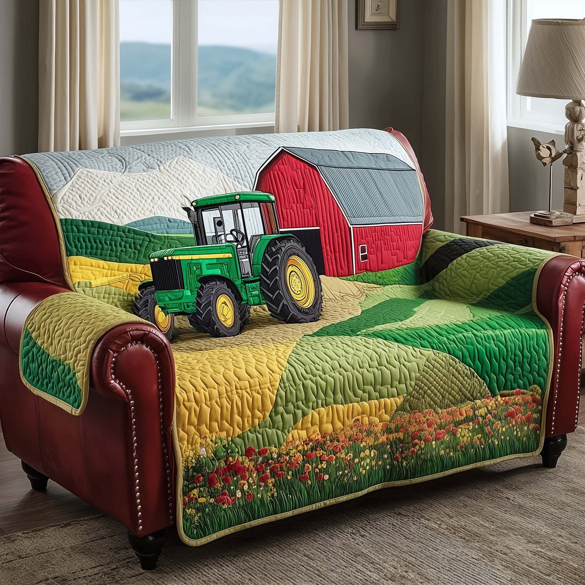 Green Tractor Beside the Red Barn Sofa Cover