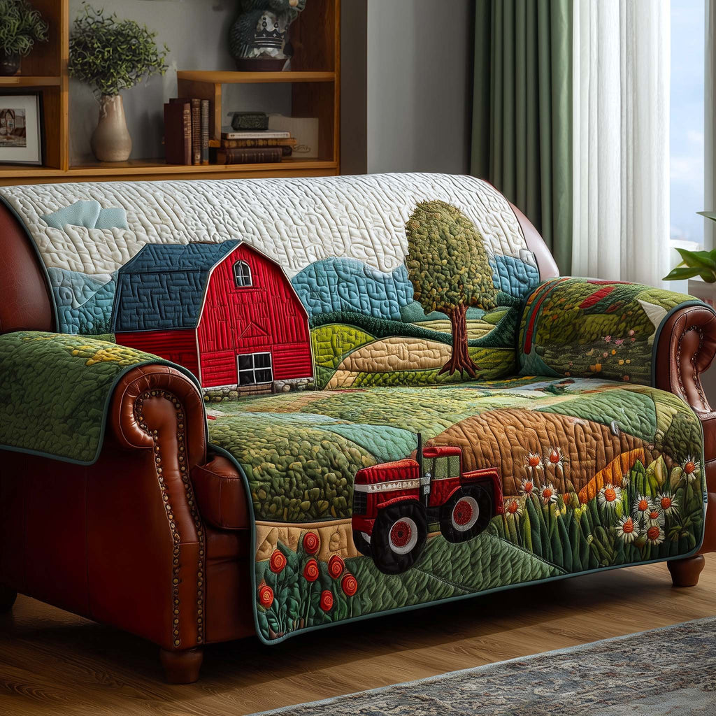 Red Barn and Red Tractor on Green Hills Sofa Cover