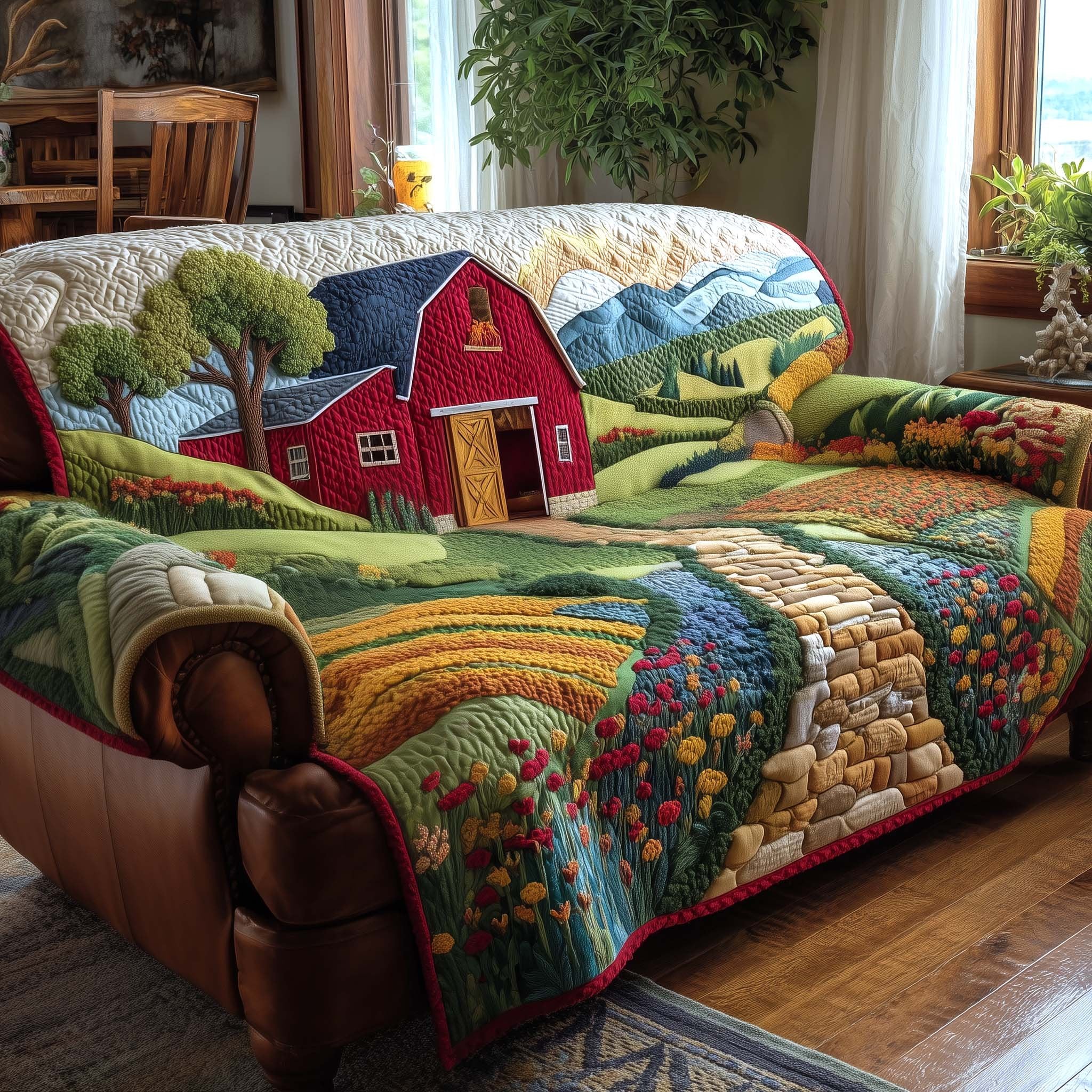 Red Barn Beyond the Stone Wall Sofa Cover