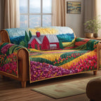 Red Barn Above Purple Flower Fields Sofa Cover