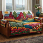 Red Barns Behind Rows of Tulips Sofa Cover