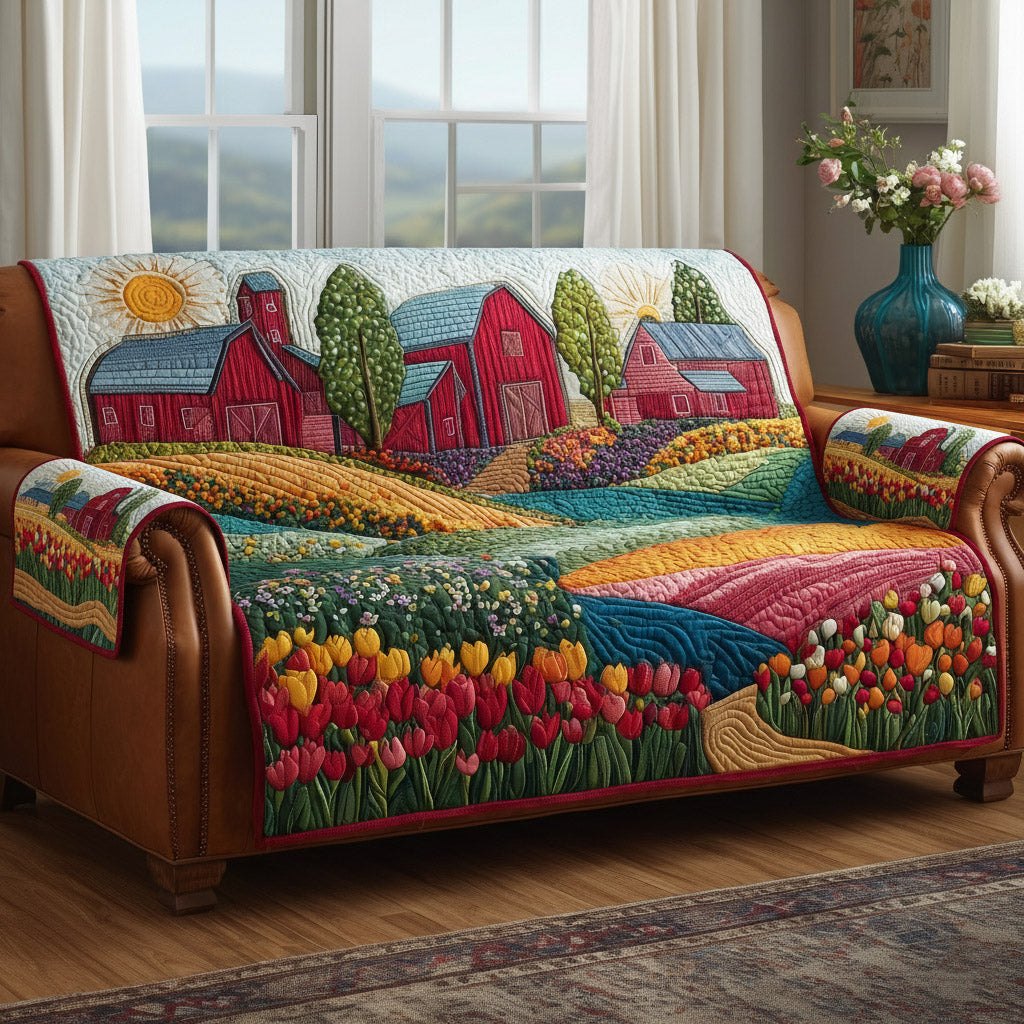 Red Barns Behind Rows of Tulips Sofa Cover