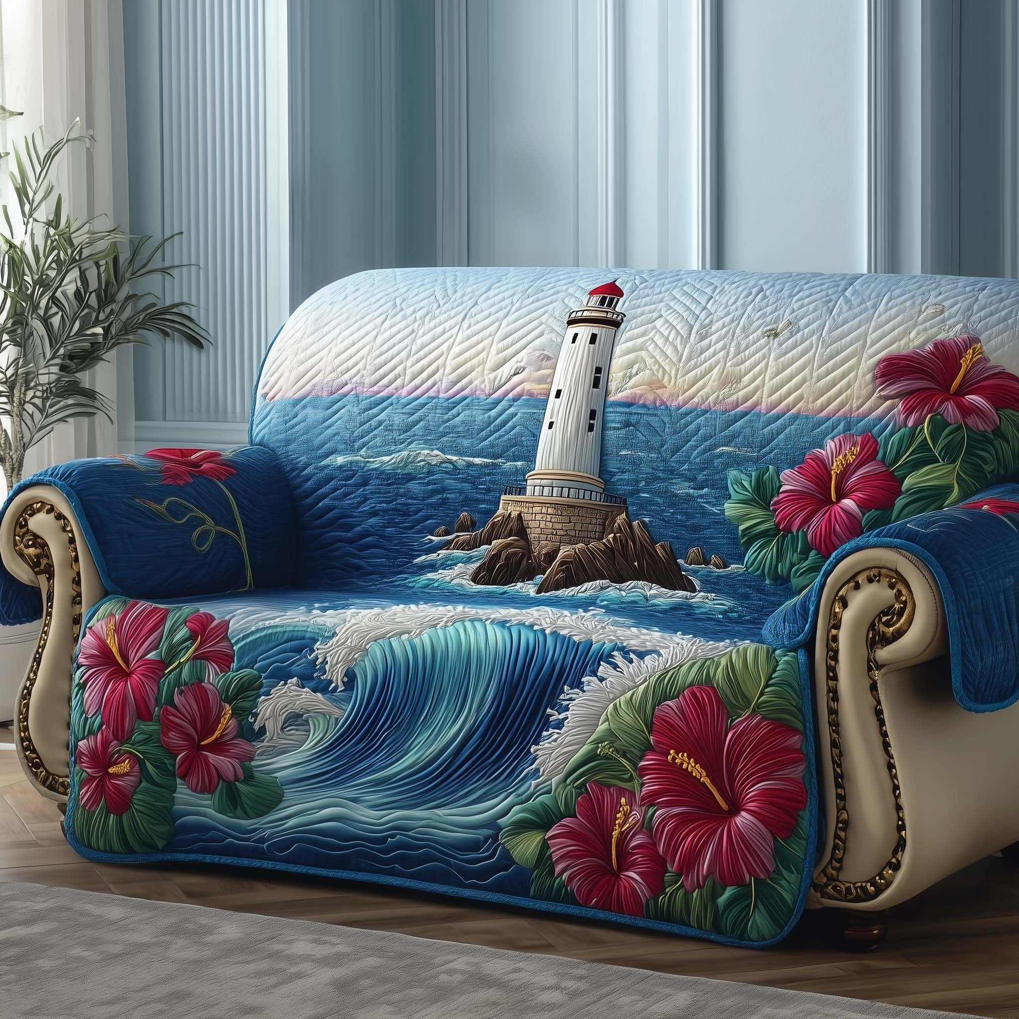 Lighthouse with Waves and Hibiscus Sofa Cover