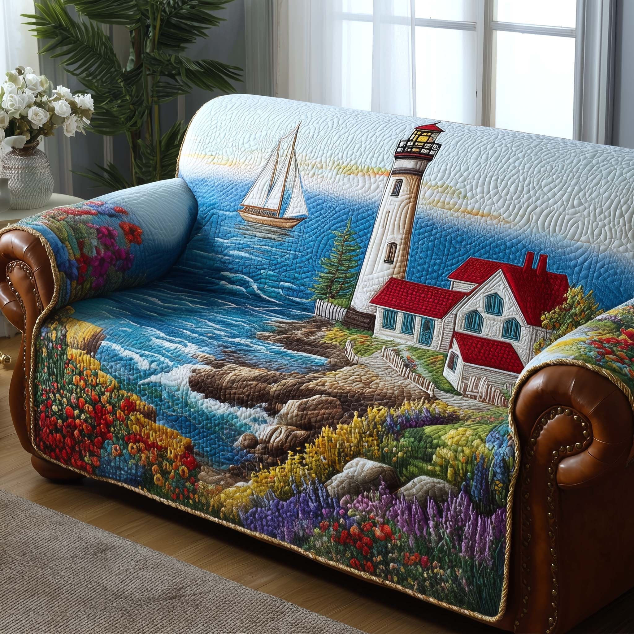 Lighthouse Cottage by the Sailboat Sofa Cover