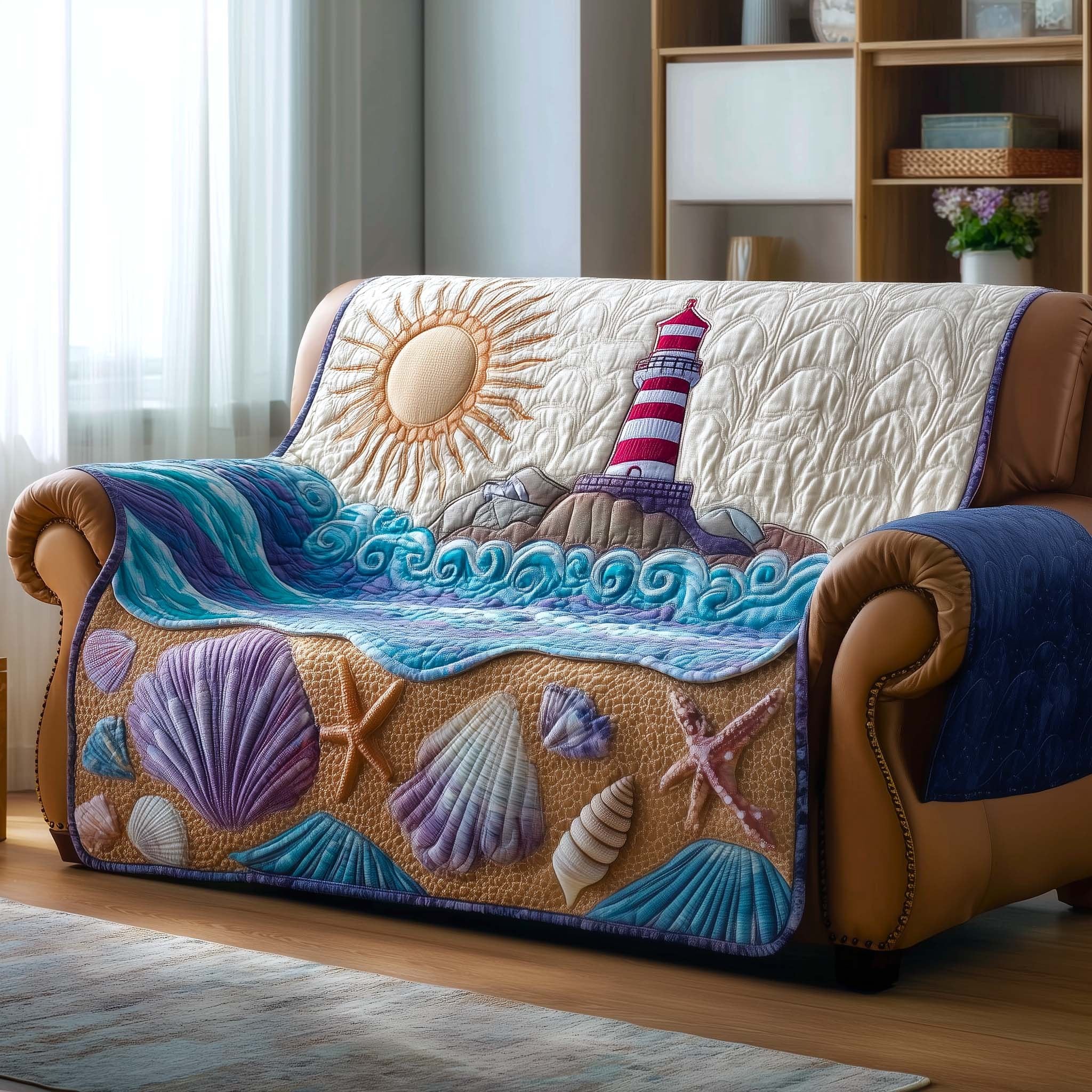 Lighthouse with Sun and Seashells Sofa Cover