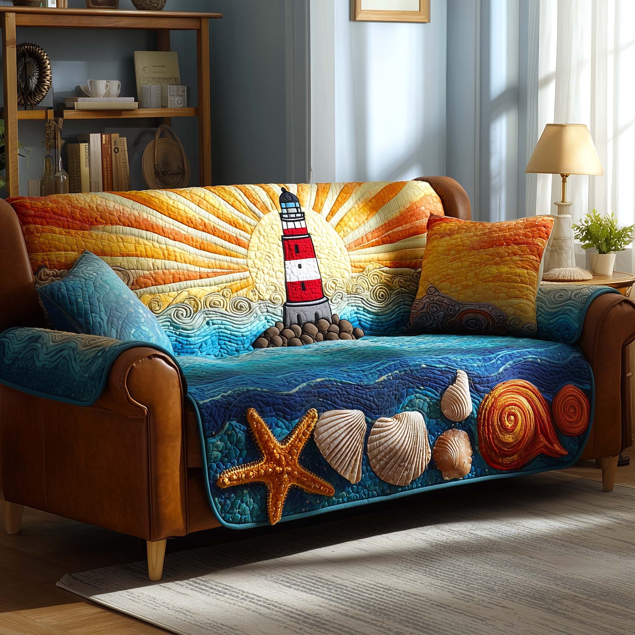 Lighthouse at Sunset with Seashells Sofa Cover