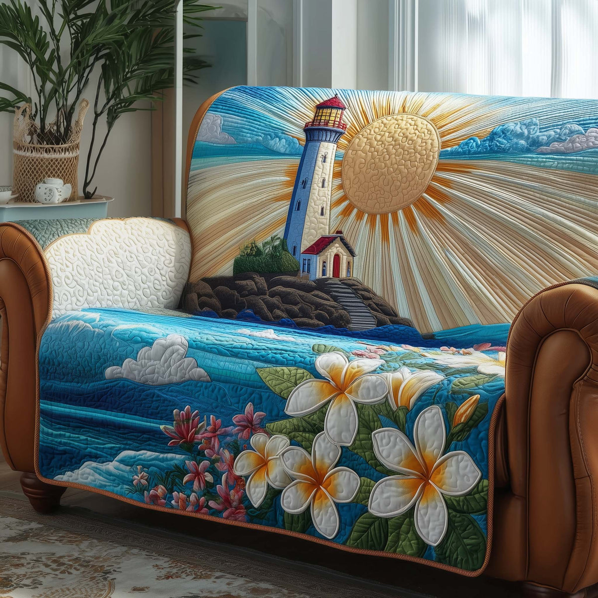 Lighthouse Above White Plumeria Sofa Cover