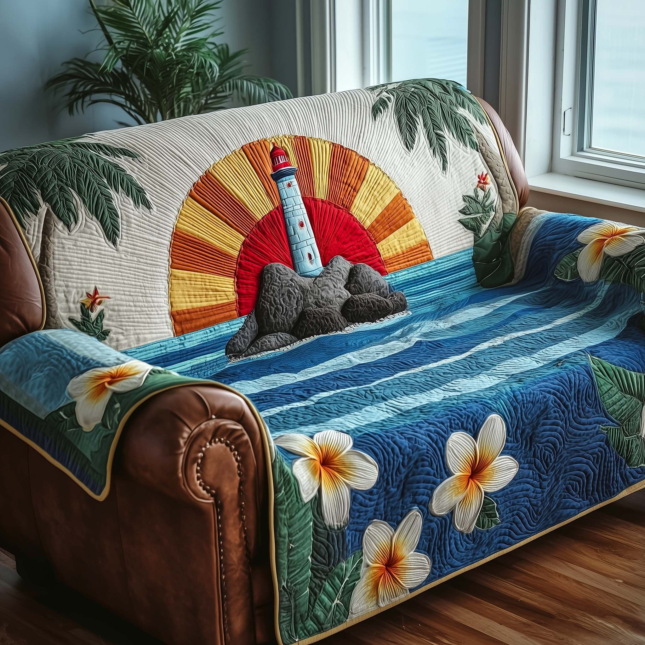 Lighthouse Sunburst with Plumeria Sofa Cover