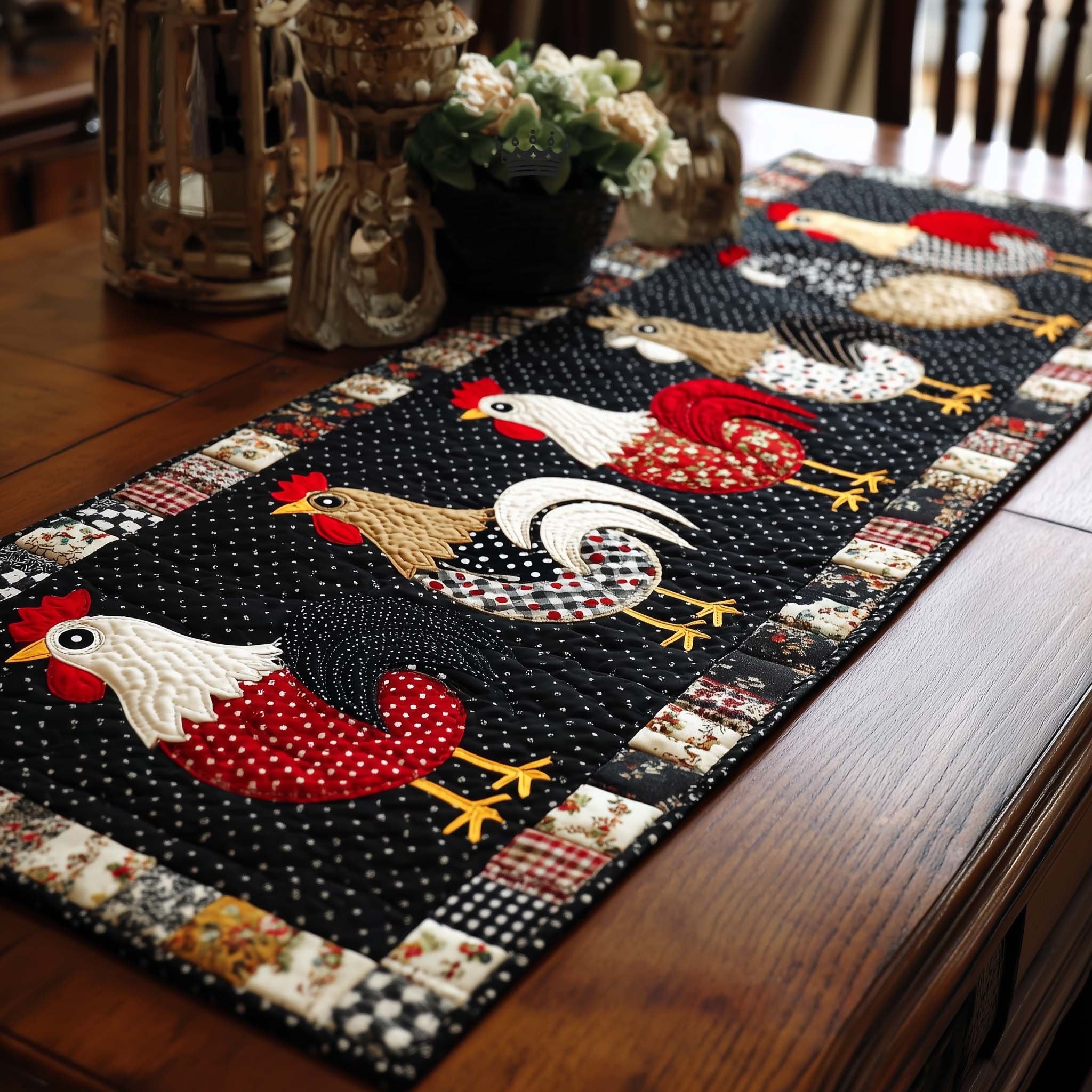 Chickens on Black with Red Trim Table Runner