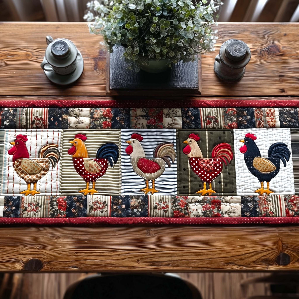 Chickens in Red and Cream Blocks Table Runner