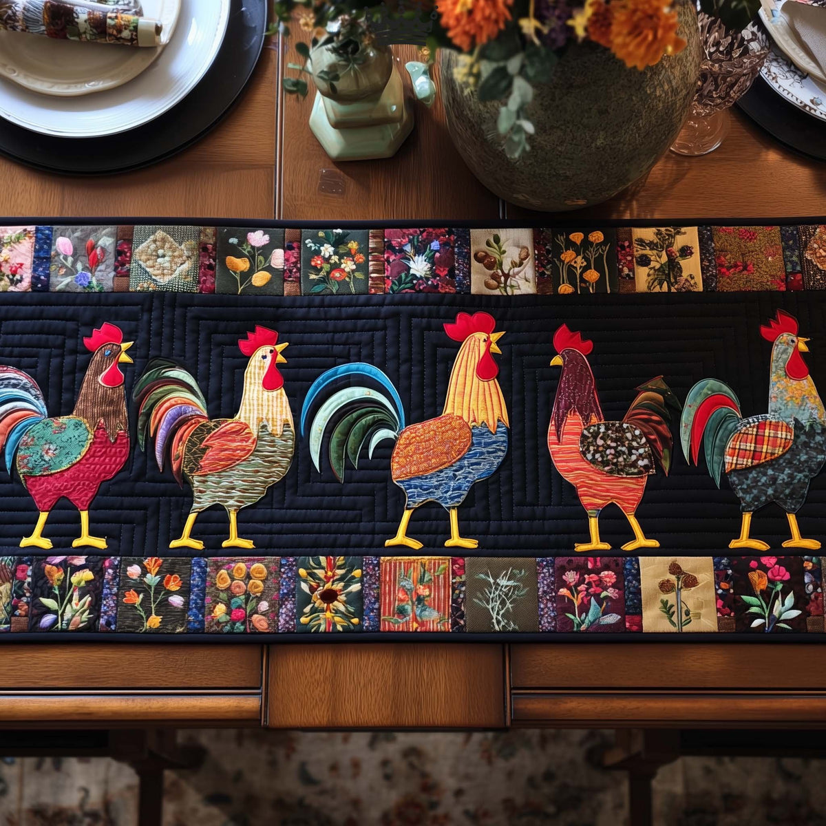 Roosters on Black with Floral Border Table Runner