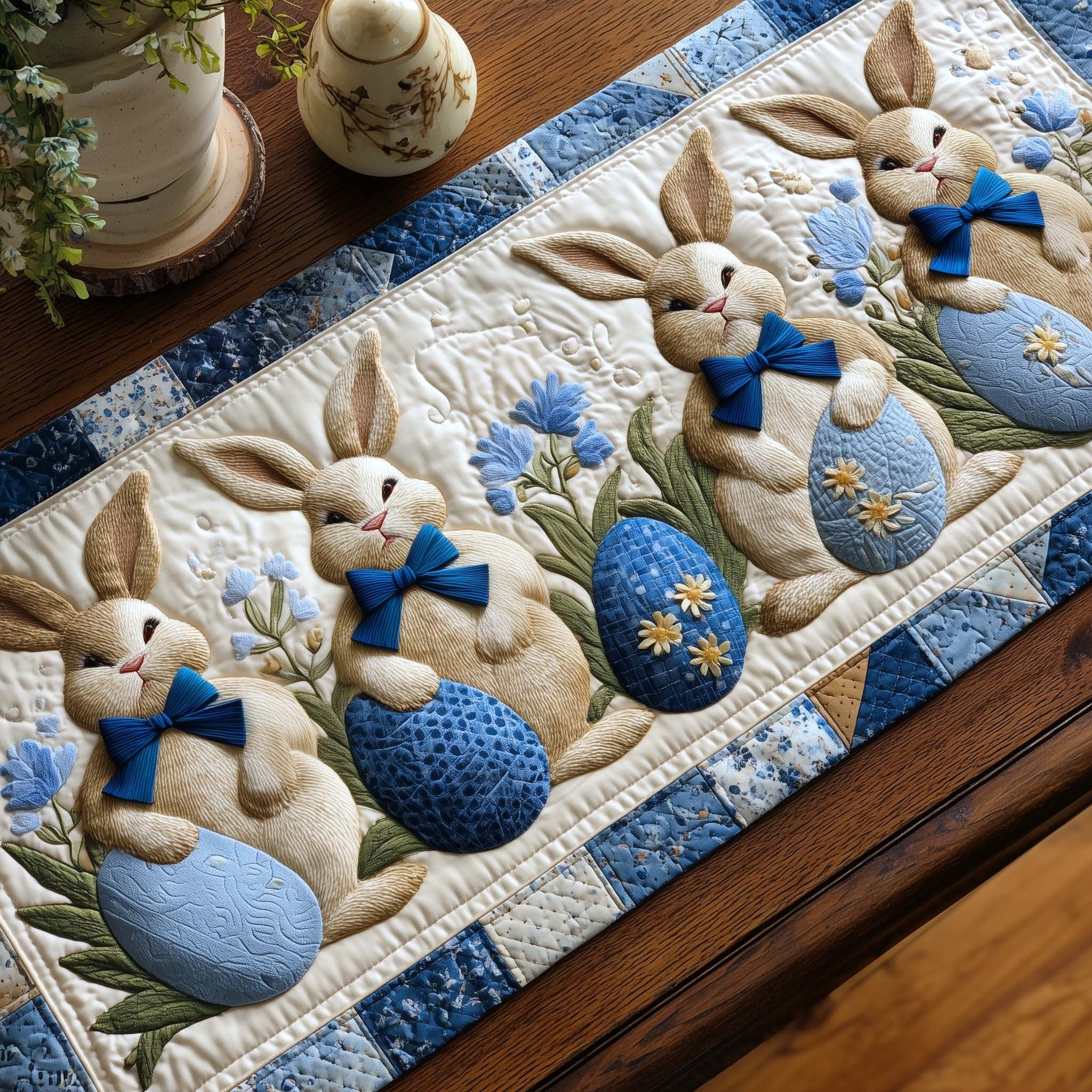 Bunnies with Blue Eggs and Bows Table Runner
