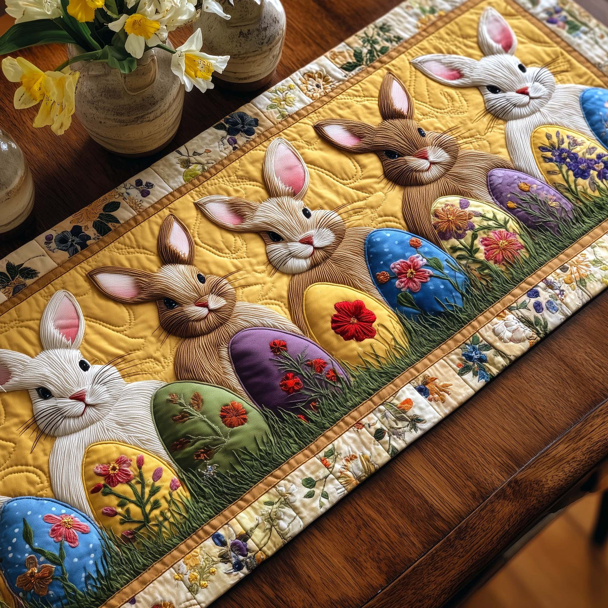 Bunnies with Eggs and Wildflowers Table Runner