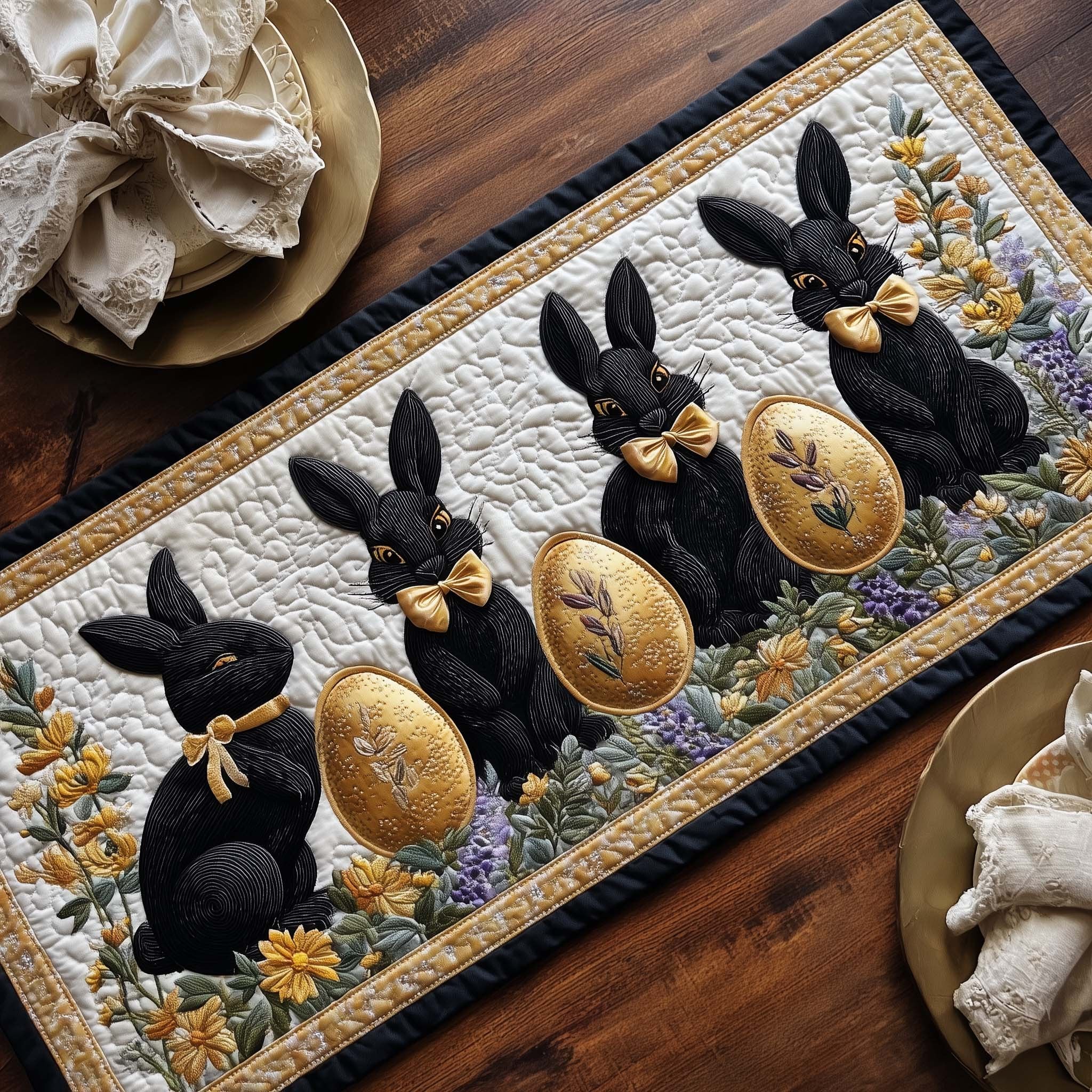 Black Rabbits with Golden Eggs Table Runner
