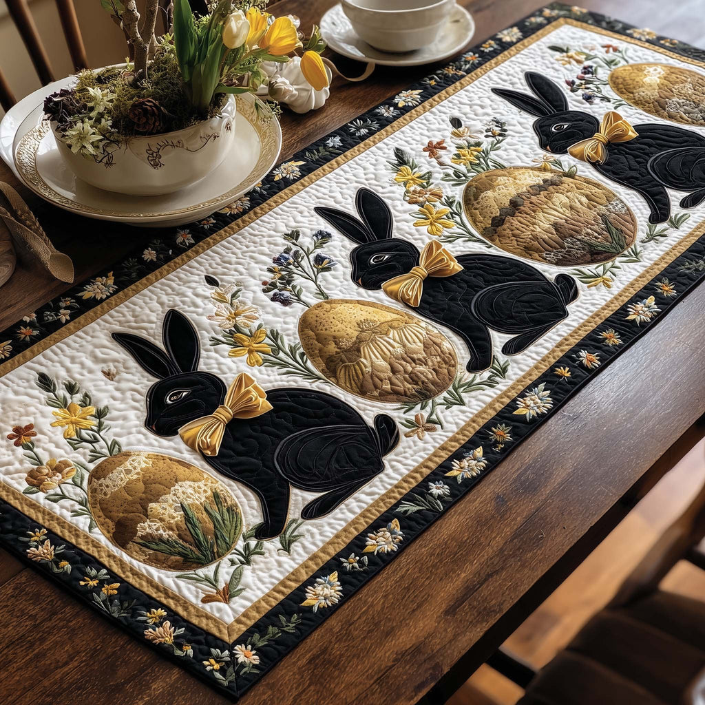Black Rabbits and Gold Eggs on Navy Table Runner