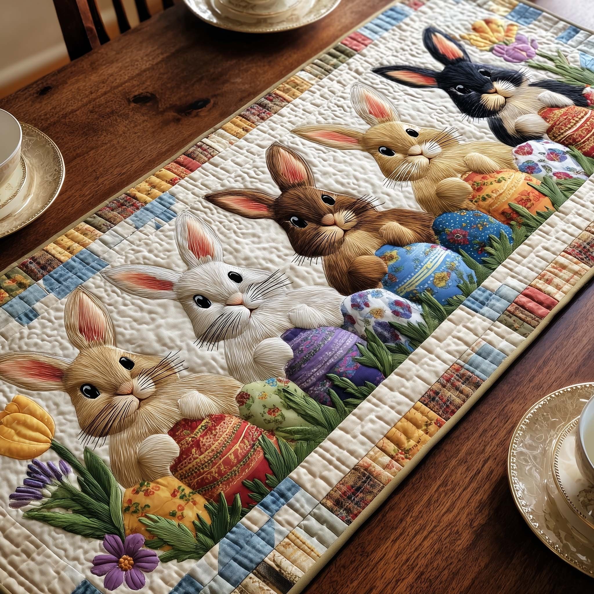 Brown and White Bunnies with Eggs Table Runner