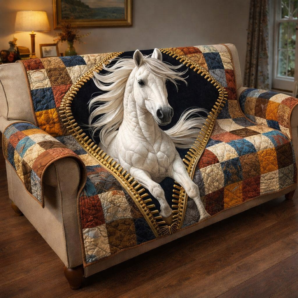 White Horse Bursting Through the Quilt Sofa Cover
