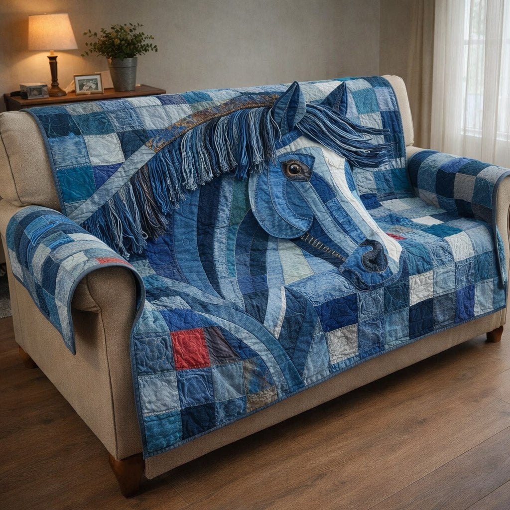 Denim Horse on Blue Jean Patchwork Sofa Cover