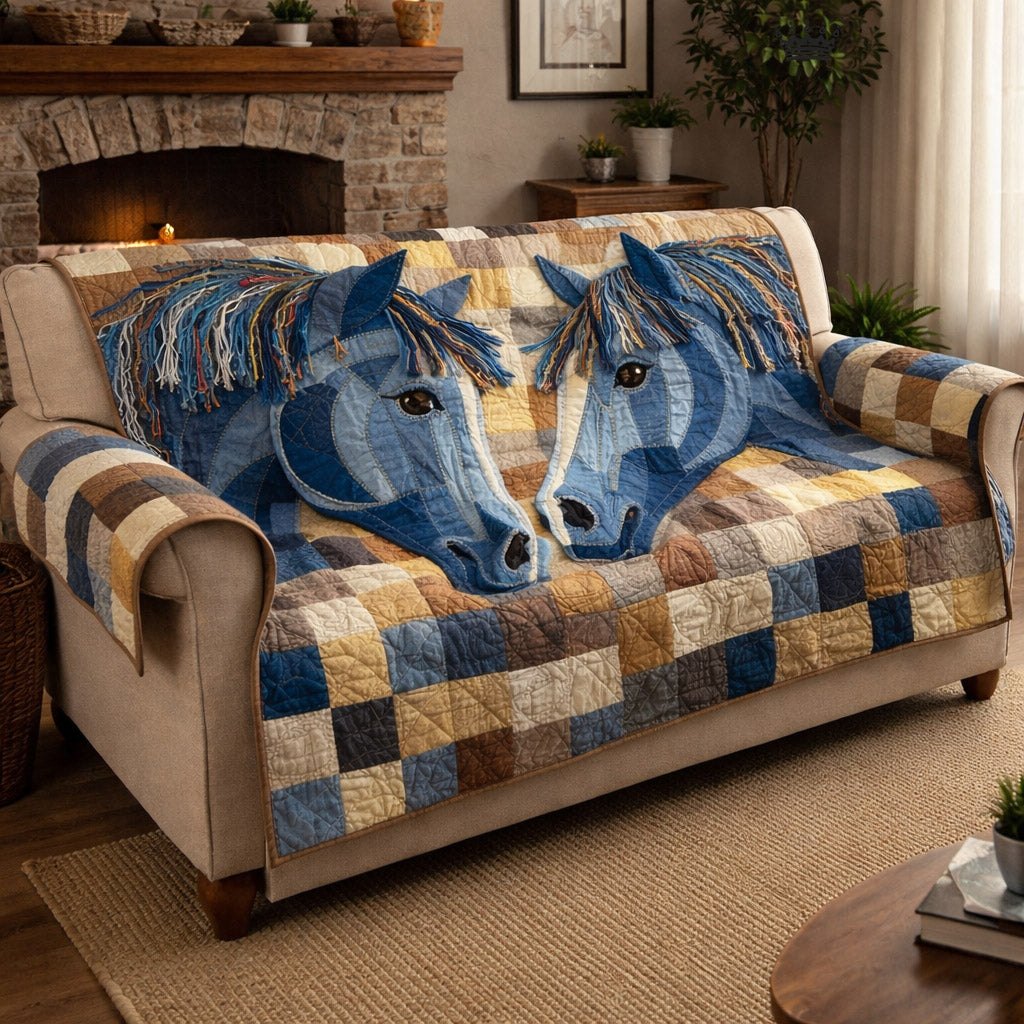 Two Denim Horses on Blue Checks Sofa Cover