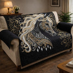 White Horse with Golden Scrollwork Sofa Cover