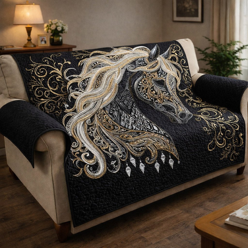 White Horse with Golden Scrollwork Sofa Cover