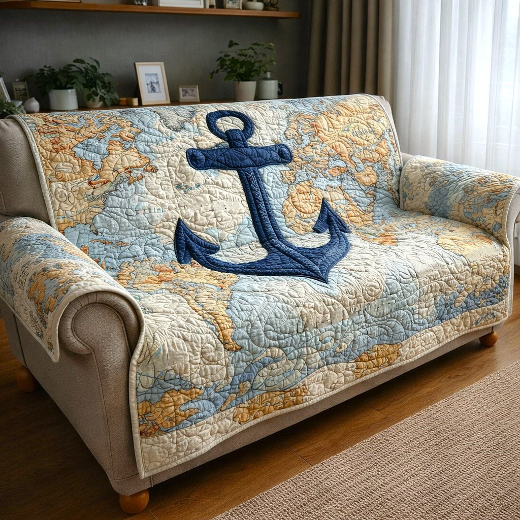 Navy Anchor on an Old Sea Map Sofa Cover
