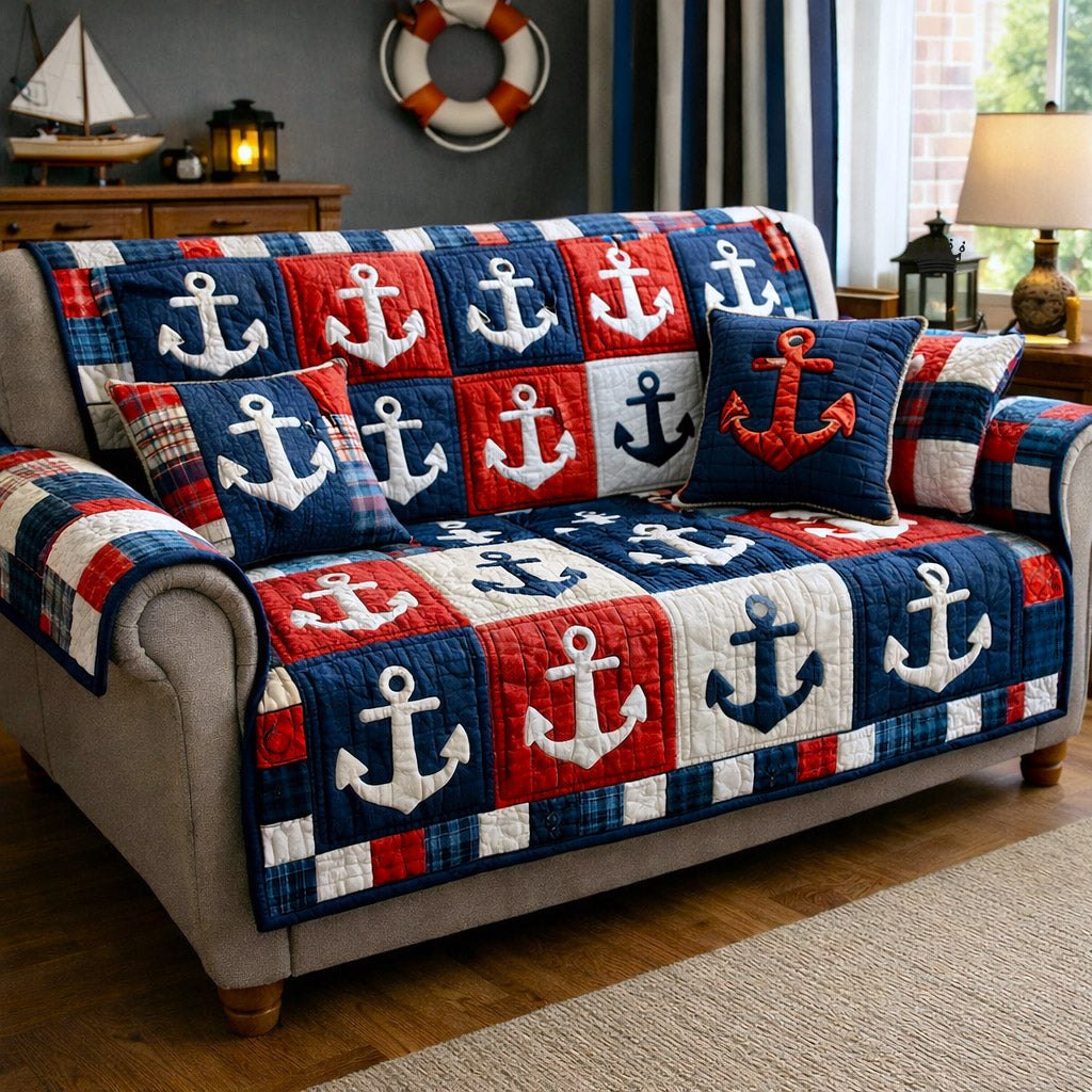 Anchors on Red and Navy Checks Sofa Cover
