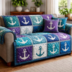Anchors on Teal and Purple Squares Sofa Cover