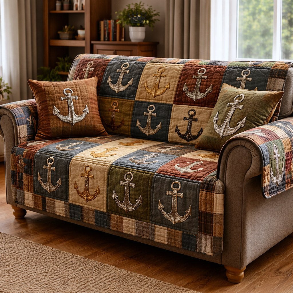 Anchors on Brown and Olive Patches Sofa Cover
