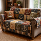 Anchors on Brown and Olive Patches Sofa Cover