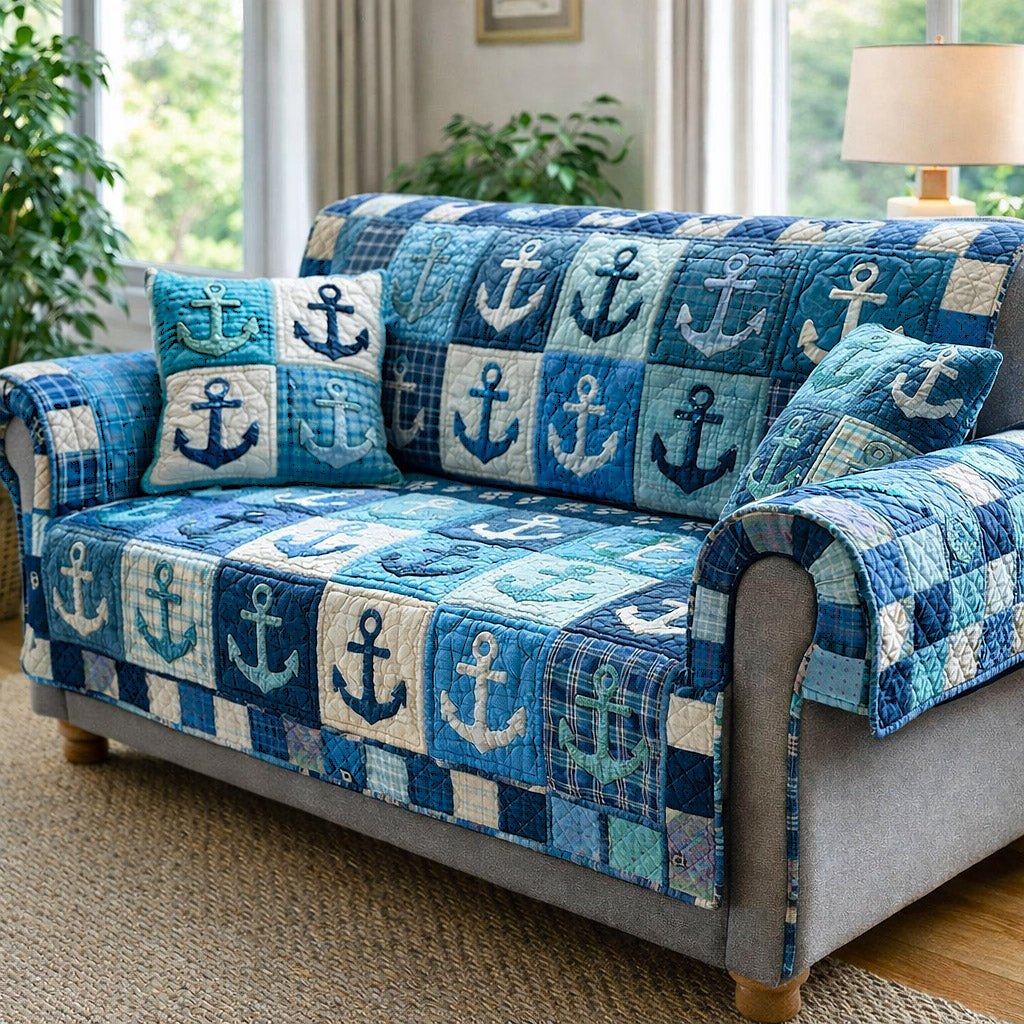 Anchors on Blue Denim Squares Sofa Cover