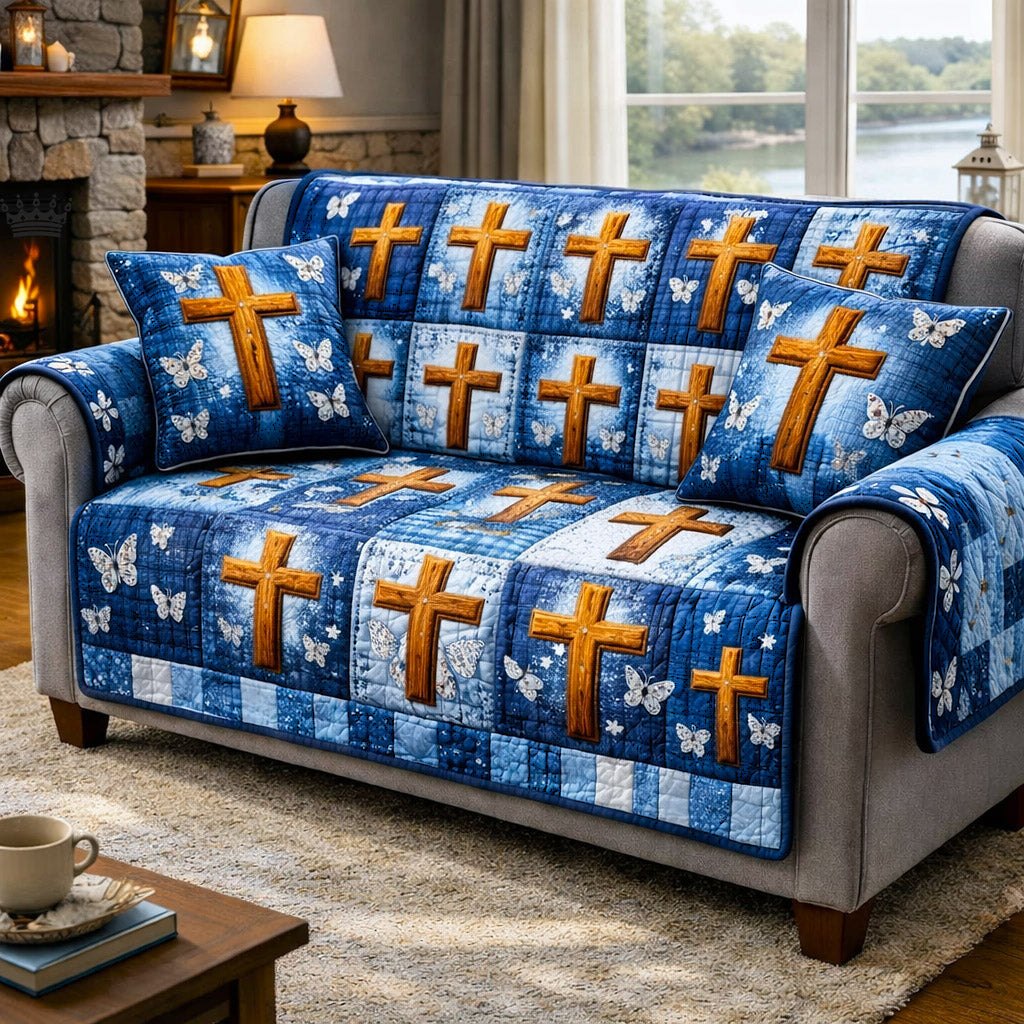 Wooden Crosses on Blue with Butterflies Sofa Cover