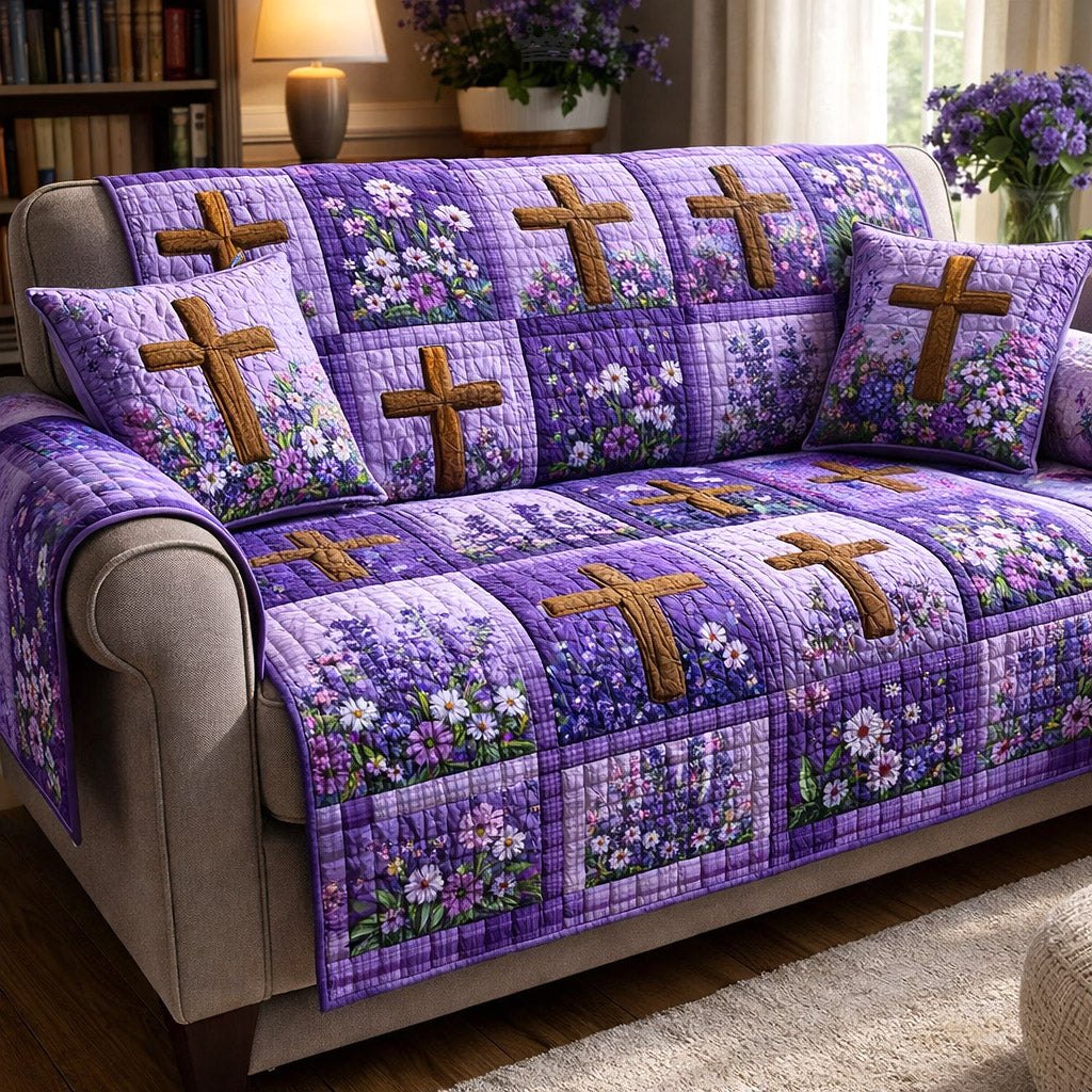 Crosses on Purple Floral Patchwork Sofa Cover